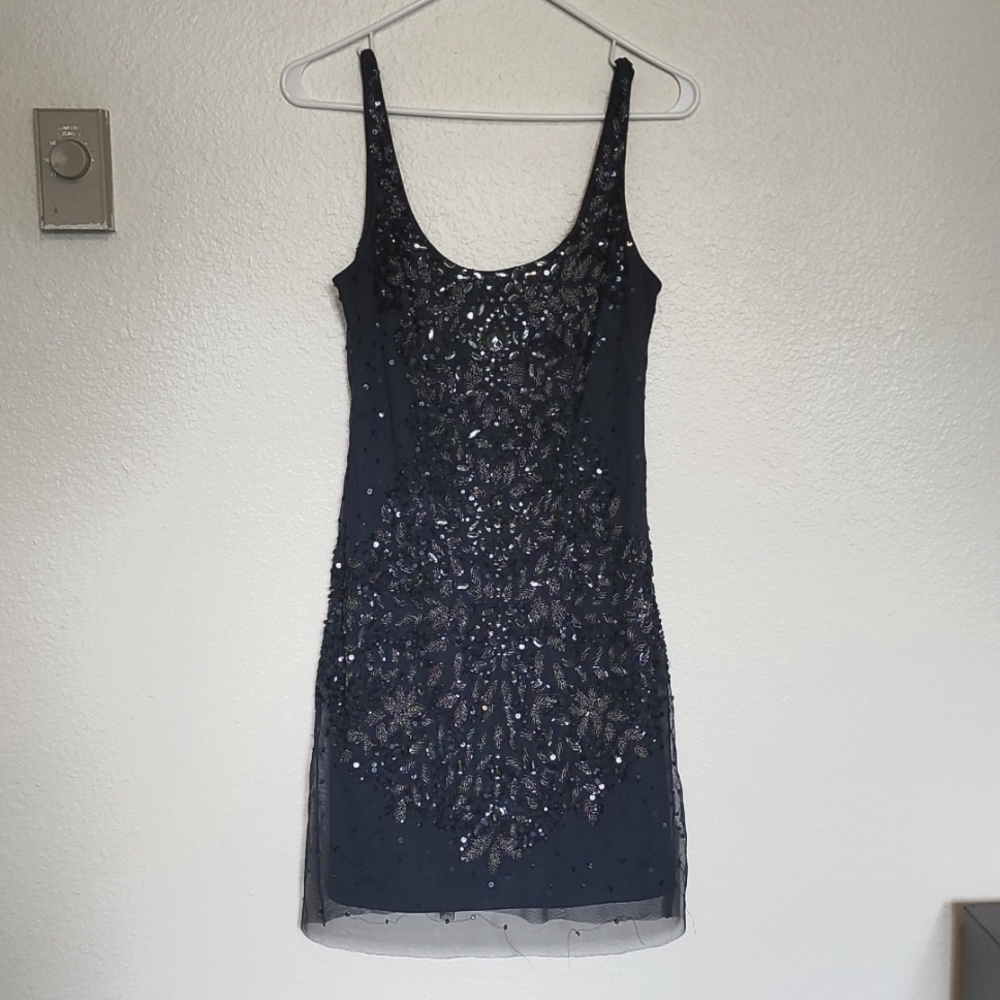 Navy blue sequin and bead cocktail dress